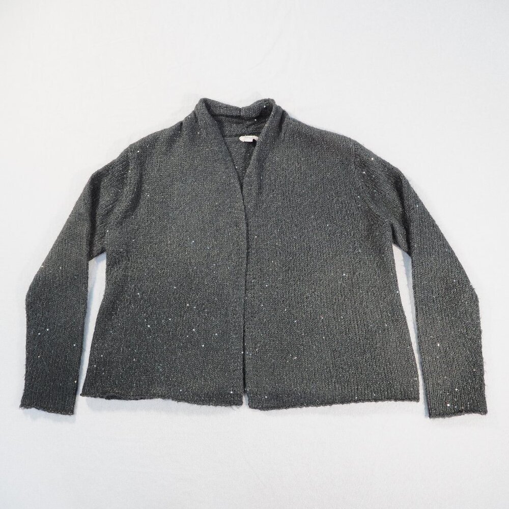 J Jill Cardigan Sweater Womens Medium P Black Sequin Open Front Mohair Blend